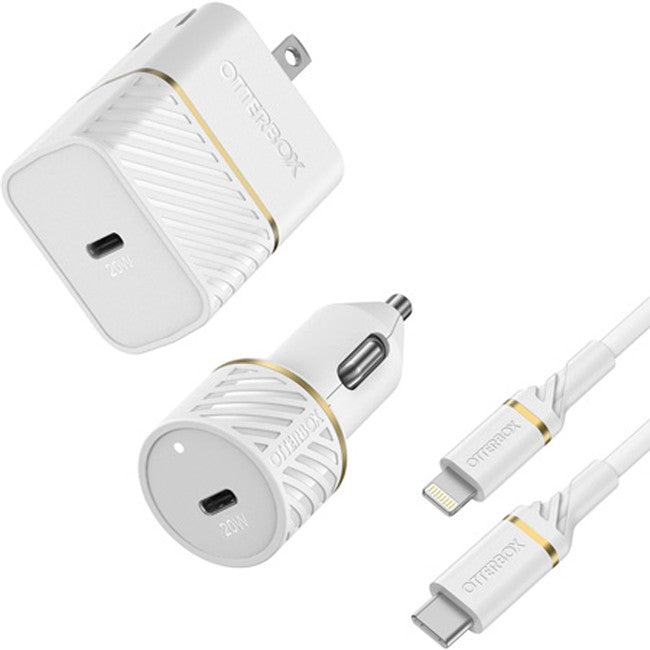 Lightning to USB-C Fast Charge 20W Wall and Car Charging Kit White