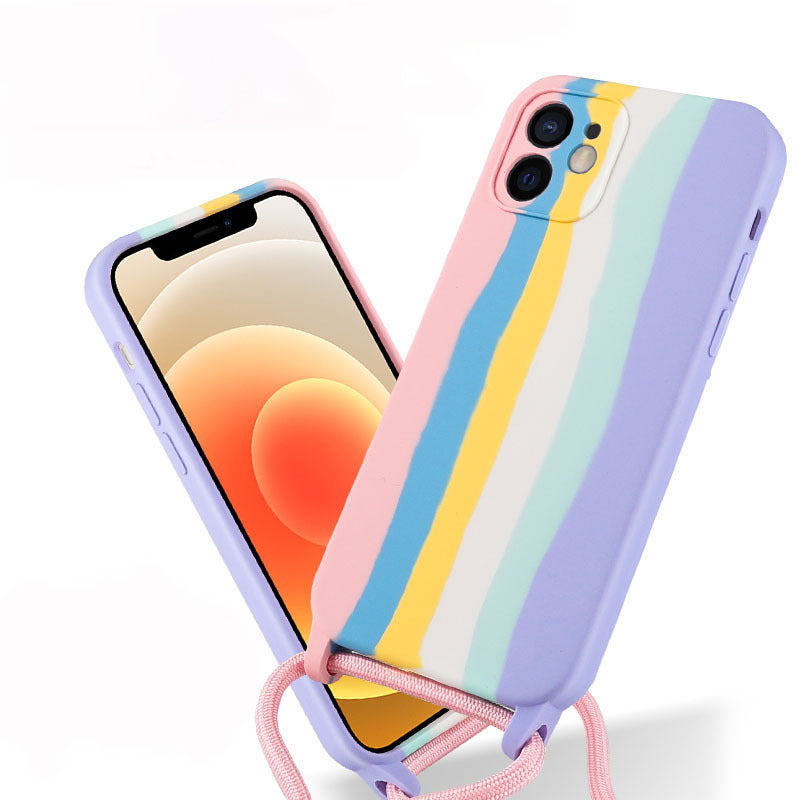 Mobile Phone Cover Apple 13pro Rainbow Lanyard Silicone Cover Suitable For 11pro All-Inclusive Anti-Fall Case