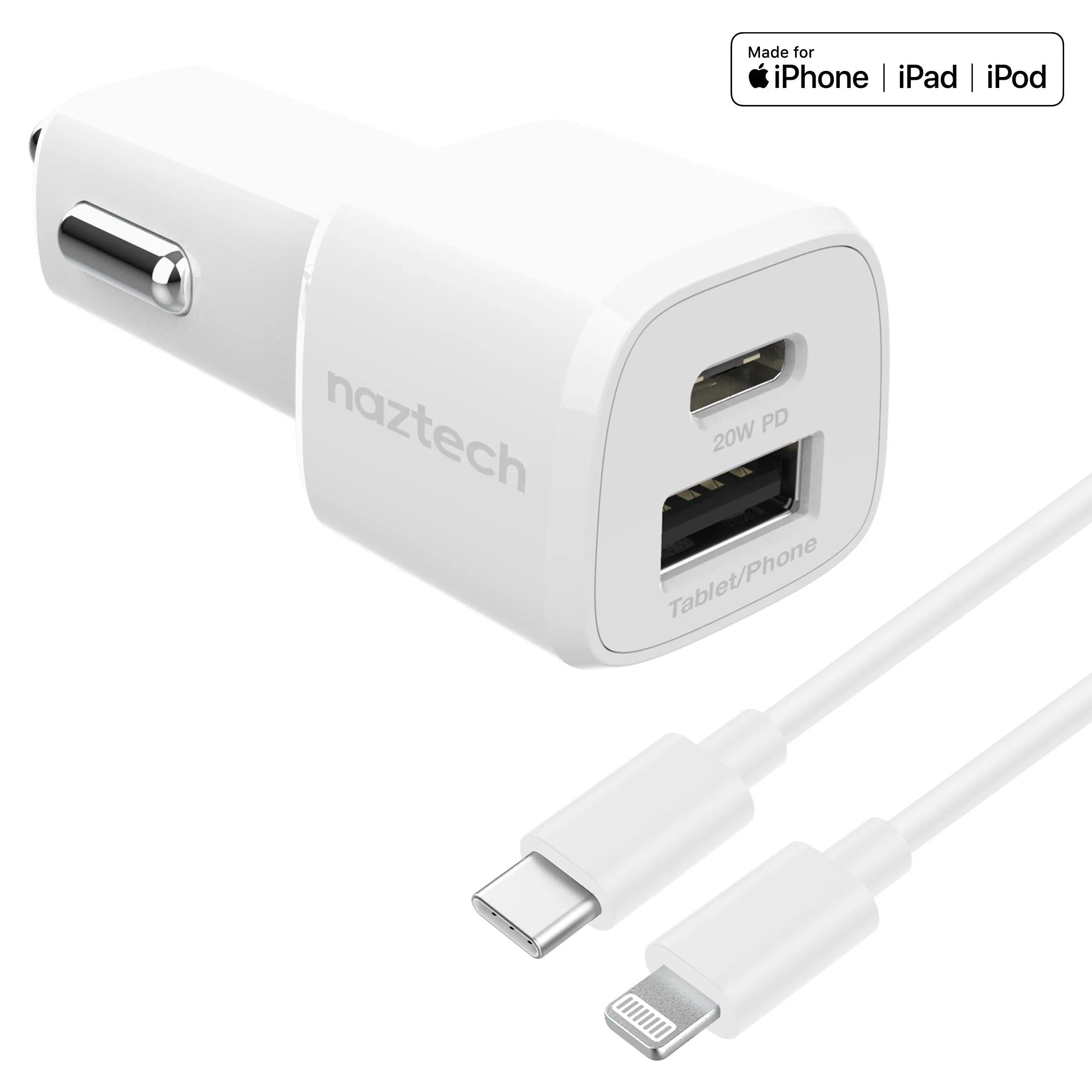 Dual USB 12W Premium Car Charger with Lightning Cable 4ft White