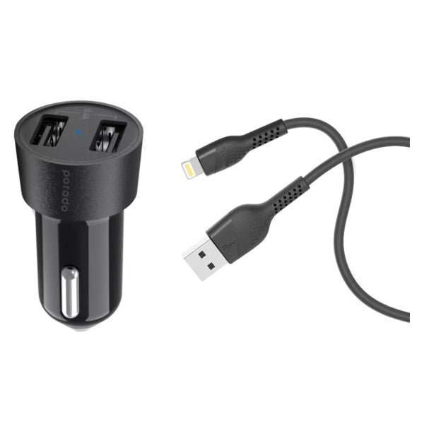 Dual USB 12W Premium Car Charger with USB-C Cable 4ft Black