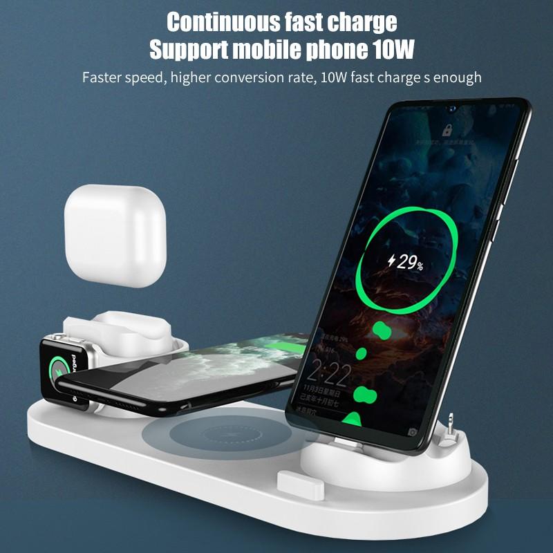 6 in 1 Wireless Charger Dock Station for iPhone/Android/Type-C USB Phones 10W Qi Fast Charging For Apple Watch AirPods Pro
