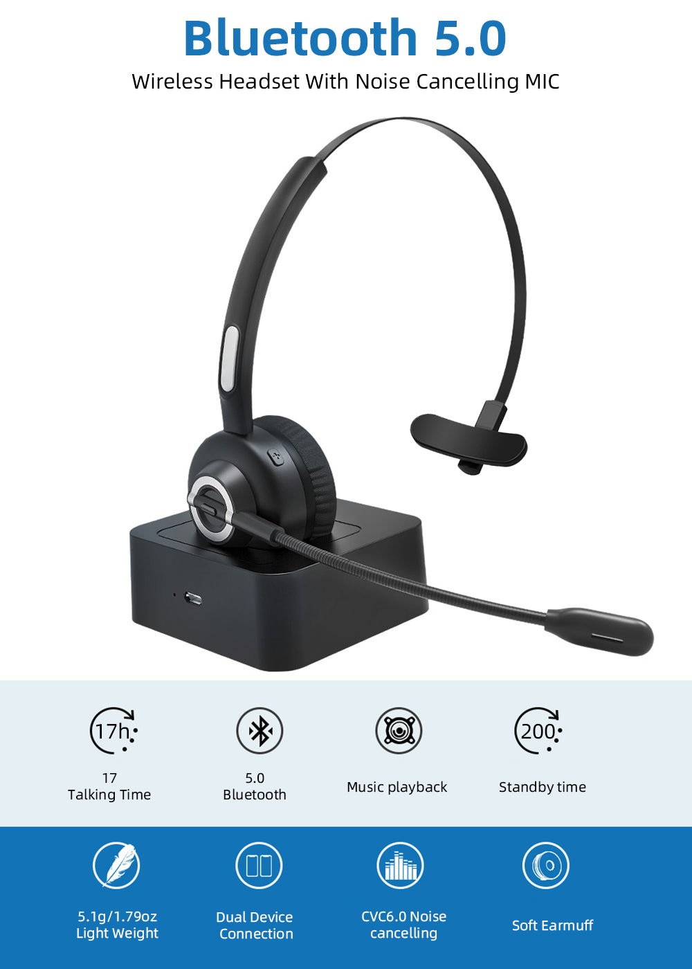 M97 Bluetooth Over-Head Earphone with Charging Dock Black