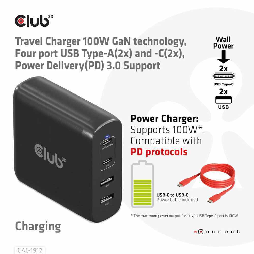 Travel Charger 100W GaN 4 Port USB-A(2x) and USB-C(2x) Power Delivery 3.0 Support Black