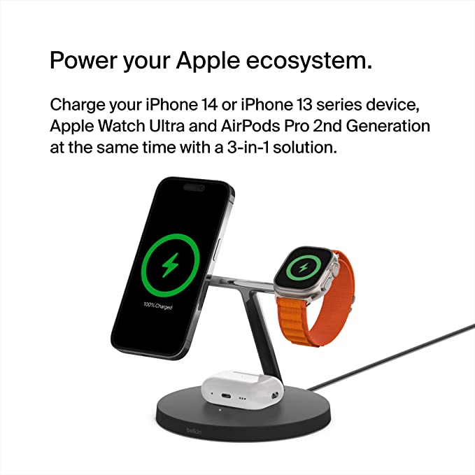 Smartech MagSafe 3-in-1 Wireless Charging Stand - 2ND GEN w/ 33% Faster Wireless Charging for Apple Watch - iPhone 14, 13 & 12 series & AirPods - MagSafe Charging Station For Multiple Devices - Black